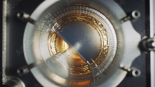 Close-up view of a metallic object with gold and silver components inside an industrial setting