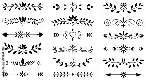 Collection of ornate black decorative dividers and floral motifs isolated on white background, classic ornamental frame elements, detailed baroque inspired flourishes, refined minimalist monochrome