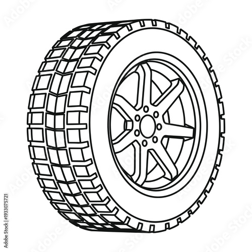 A detailed technical line drawing of a rugged all terrain tire mounted on a sturdy five spoke wheel showcasing deep tread patterns for enhanced grip and durability in off road conditions