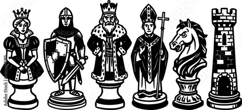Line art close up of medieval chess piece set with king queen knight bishop rook facing forward bold contrast emblem