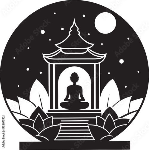 Buddhist Temple Under Bright Full Moon Silhouette