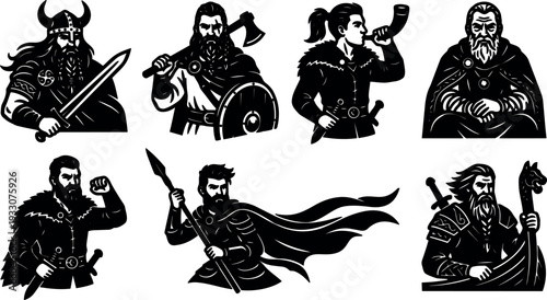 Tattoo flash close up viking warriors holding swords axes spears drinking horn shielded in bold black silhouette portrait vector set