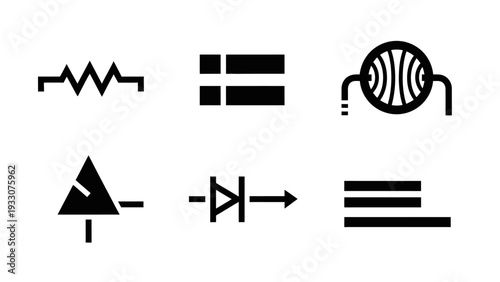 Electronic circuit symbols: Resistor, capacitor, inductor, transistor, diode, ground