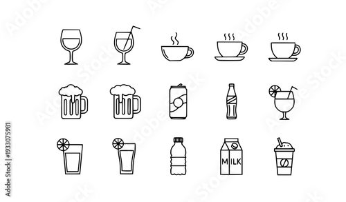 A set of black and white line art icons depicting various drinks