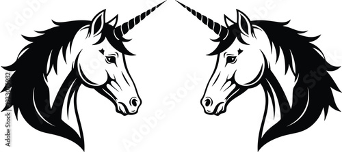 Collection of black and white unicorn head silhouettes with majestic manes and spiraled horns for fantasy mythology projects magical creature logos and decorative art