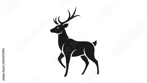 Elegant Black Silhouette of a Stag Deer with Antlers on White Background