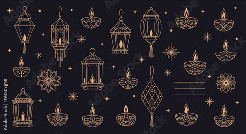 Festive Diwali lanterns and diyas illuminate a dark background with twinkling stars and floral motifs for a celebratory atmosphere