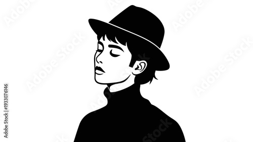 Elegant Woman in Hat and Turtleneck, Minimalist Black and White Portrait