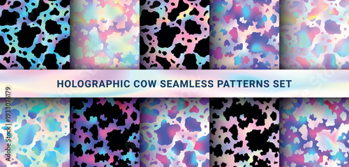 Abstract cow rainbow seamless pattern set. Vector animal skin print, cute black and holographic dalmatian spots, foil gradient backgrounds. Rough spotted texture for textile, decor, wrapping, cover.