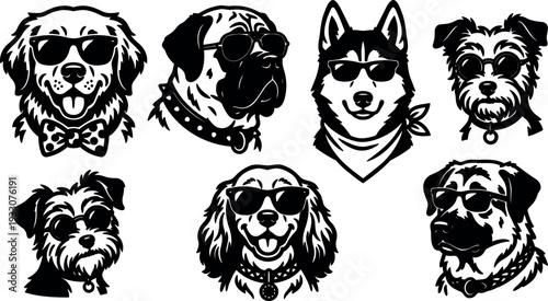 Tattoo flash dog head emblem set with sunglasses bow tie and bandana featuring golden retriever mastiff husky smiling facing forward