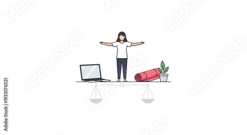 Woman Standing with Open Arms near Laptop.