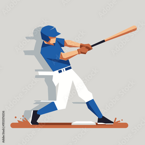 Baseball player swinging bat, dynamic action shot, blue uniform, white pants, motion blur