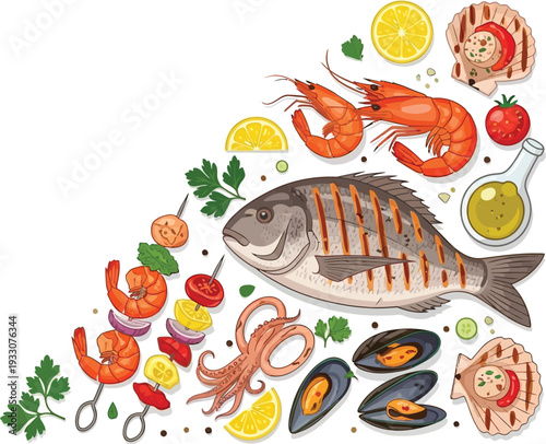 Grilled Seafood Assortment Illustration