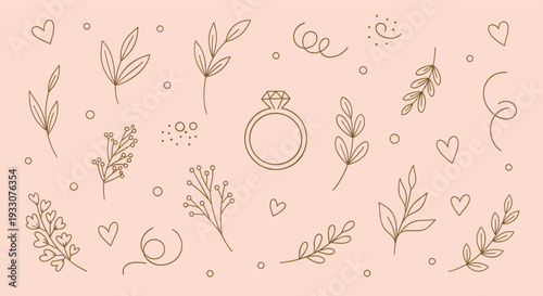 Elegant wedding ring surrounded by delicate botanical elements and hearts on a soft blush background perfect for bridal invitations and romantic designs