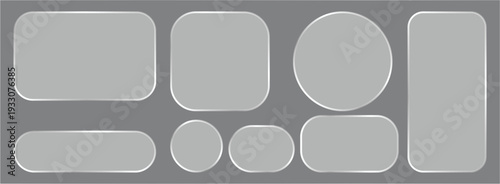 Liquid glass button interface, light frame banner set, glass panel set. Light glass box frame with neon effect for square ux icon. Light png banner collection with glow effect, vector illustration. Gl