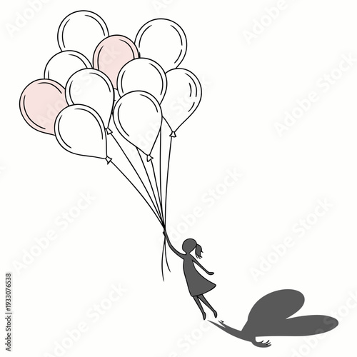 A girl runs through the air holding pink and white balloons