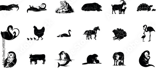 Black and white animal silhouettes isolated on transparent background for creative use