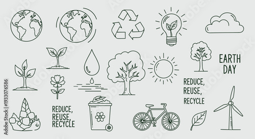 Earth Day icons representing environmental protection recycling and sustainable living with planet earth and nature elements