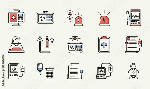 Premium ICU  Critical Care Equipment Icon Pack - 15 Colorful Line Art Graphics for Patient Monitoring, Emergency Medical Devices  Health-Tech UI Assets