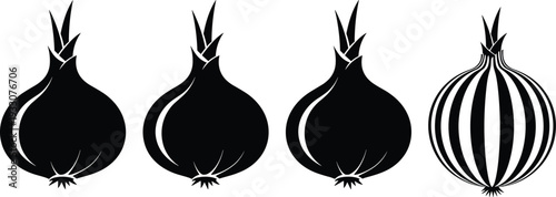 Onion silhouette vector set. Black and white onion bulb icons. Minimal vegetable illustration collection isolated on background.