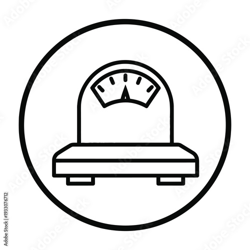 Weight scale icon with circular frame displays measurement tool for health and fitness tracking in minimalist black and white design