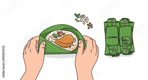Hands Wrapping Traditional Indonesian Nasi Bakar or Grilled Rice in Banana Leaf, Southeast Asian Culinary Preparation Illustration Vector