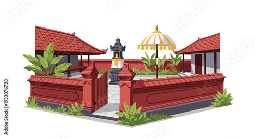 Traditional Balinese Hindu Temple Compound with Shrine and Ceremonial Umbrella