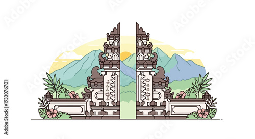 Candi Bentar Balinese Split Gateway at Lempuyang Temple with Mountain Landscape Vector Illustration