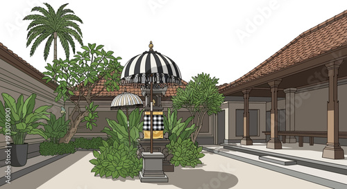 Traditional Balinese House Architecture with Courtyard, Temple Shrine, and Lush Tropical Garden Illustration