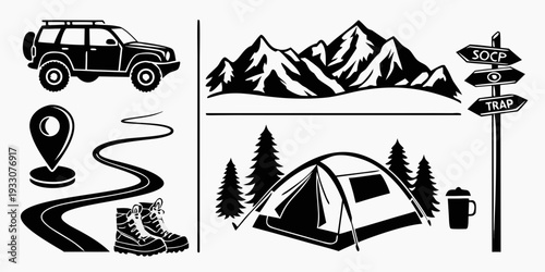 Illustration showcasing various outdoor activities and adventure symbols Vector