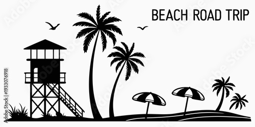 A serene beach road trip illustration with lifeguard tower and palm trees Vector