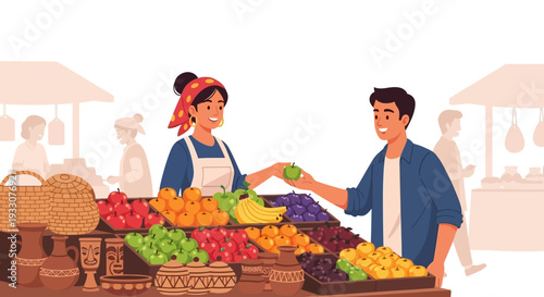 Smiling Vendor Selling Fresh Fruits and Vegetables to Customer at Local Outdoor Farmers Market Illustration