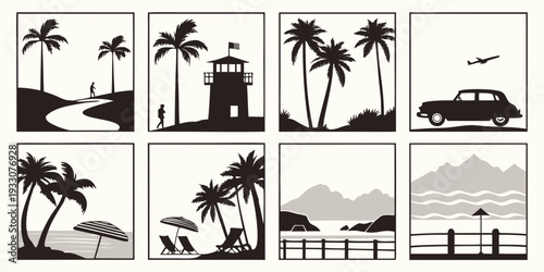 Vacation destinations featuring palm trees and various activities Vector