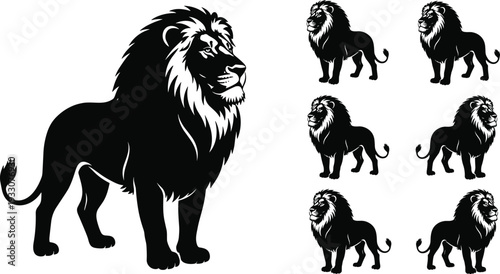 Collection of black lion silhouettes featuring a powerful male lion with a thick mane for wildlife 