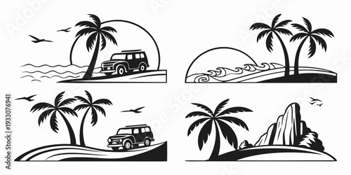 A collection of stylized beach scenes featuring palm trees and various beach activities Vector