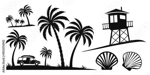 A serene beach scene with palm trees, a lifeguard tower, and a car Vector