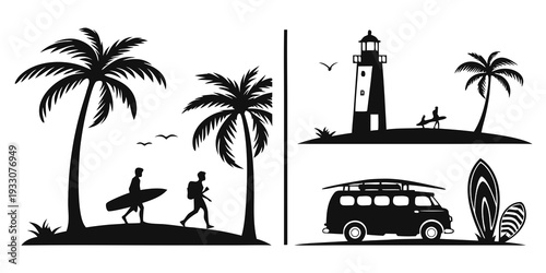 A tropical island with a lighthouse and a bus on the shore. Vector