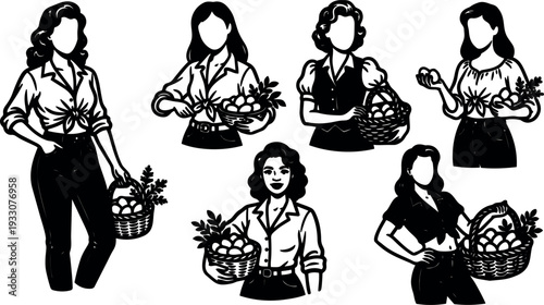 Vintage engraving style closeup and full length women carrying baskets of eggs and produce in varied poses looking away confident