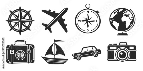 A collection of travel and adventure icons representing various modes of transportation and activities. Vector