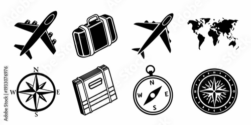 A collection of travel icons including a compass, map, and globe. Vector