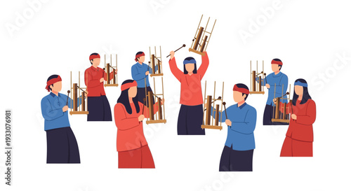 Group of People Playing Angklung Traditional Indonesian Bamboo Musical Instrument Illustration