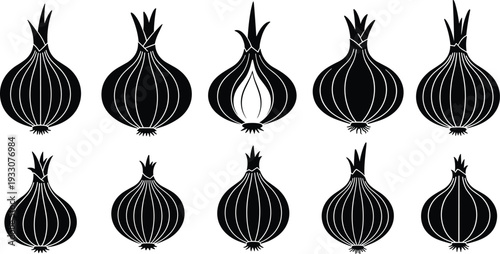 Onion silhouette vector set. Black solid onion icons with whole and cut shapes. Simple flat vegetable collection isolated on white background.