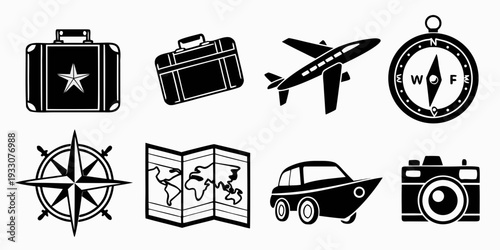 Assorted travel and adventure icons on a white background Vector