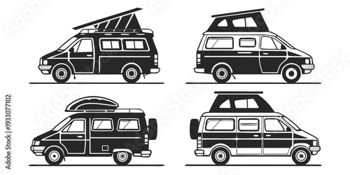 Four different types of recreational vehicles parked in a row. Vector