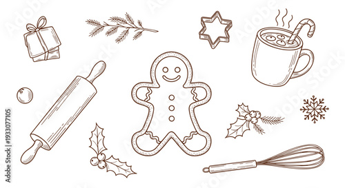 Hand drawn sketch of christmas baking elements including gingerbread man rolling pin and hot chocolate mug perfect for holiday designs