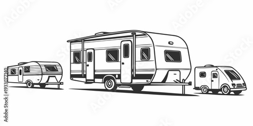 A diverse lineup of recreational vehicles parked in a row, showcasing various types and sizes. Vector