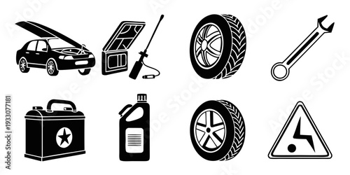 Assorted icons representing car maintenance and safety equipment Vector
