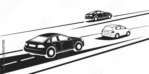 Three cars driving on a highway with a city skyline in the background. Vector