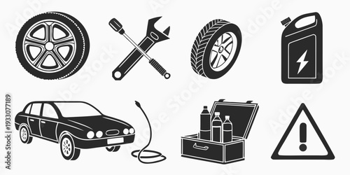 Essential car maintenance tools and safety symbols for vehicle upkeep Vector