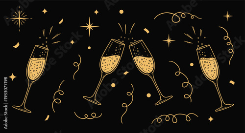 Elegant celebration with champagne glasses clinking and golden confetti against a dark background